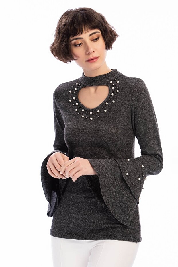 8490960 Yumoş Collar Sleeve Pearl Ruffle Blouse Black
