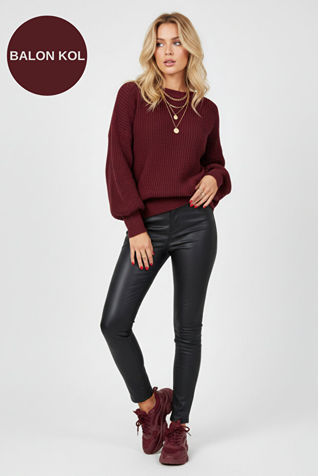 Oversized Comfortable Fit Crew Neck Soft Textured Balloon Sleeve Knitwear Sweater