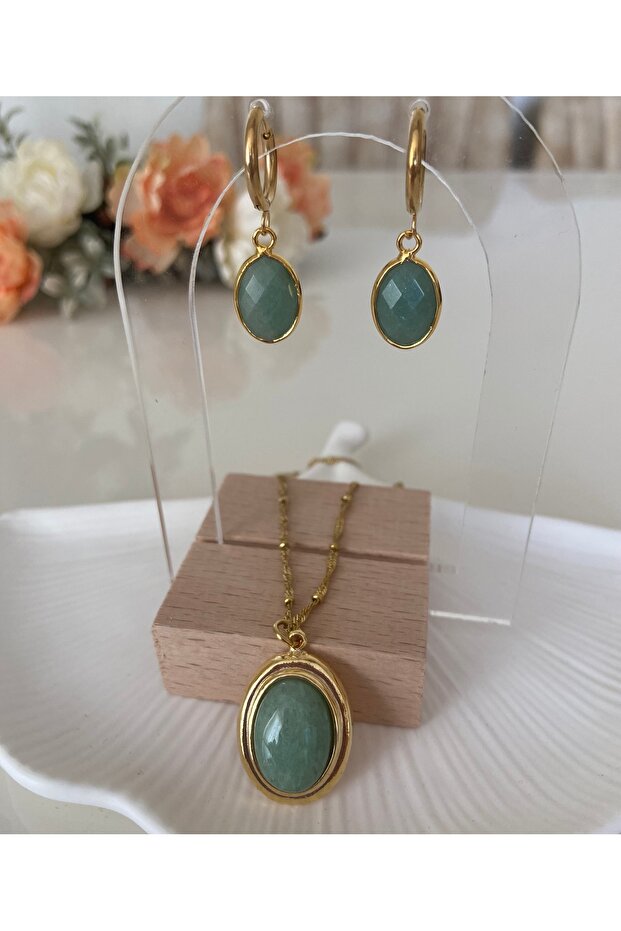 Steel Chain Amazonite Stone Green Necklace & Earring Set