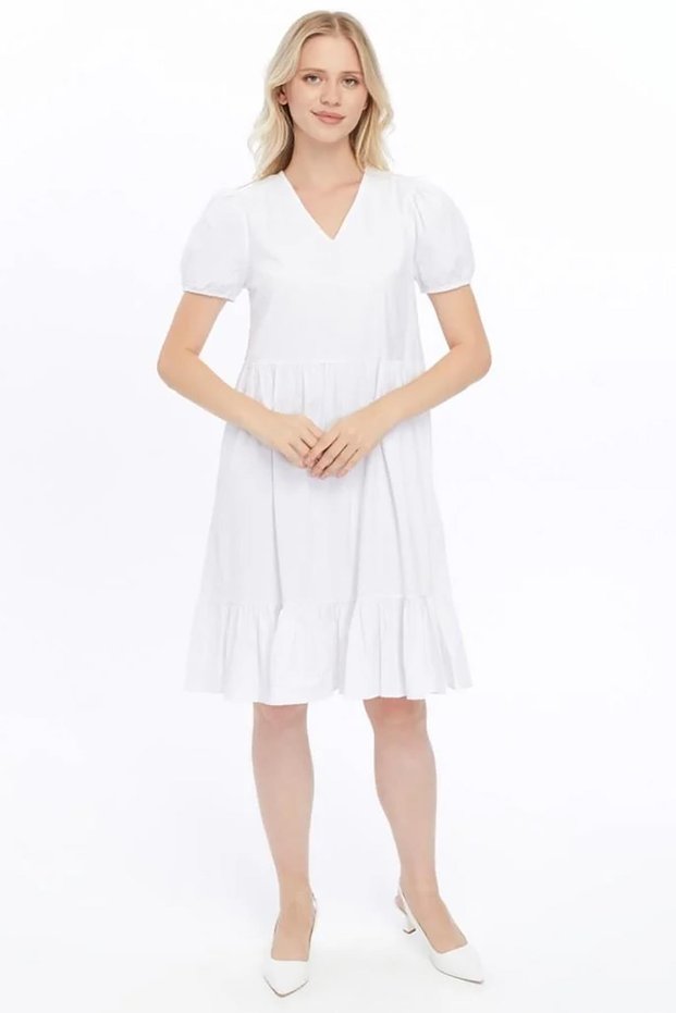 Apsen Women's White V-Neck Gathered Midi Cotton Dress 4439-100