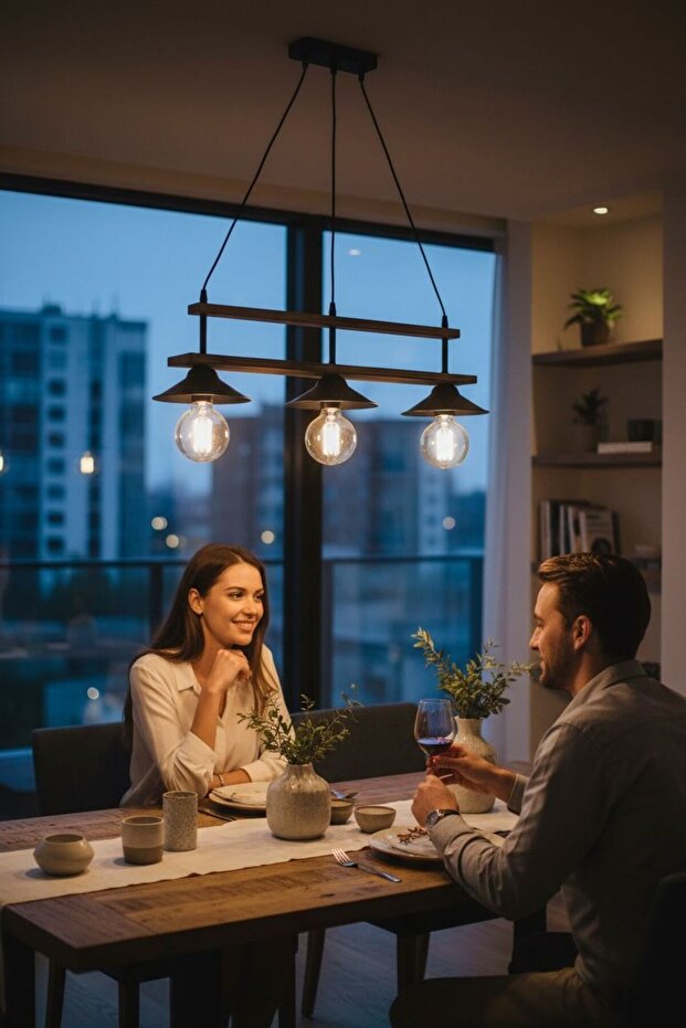 Retro Rustik Eskitme Ahşap 3'lü Siyah Sarkit Avize - 4