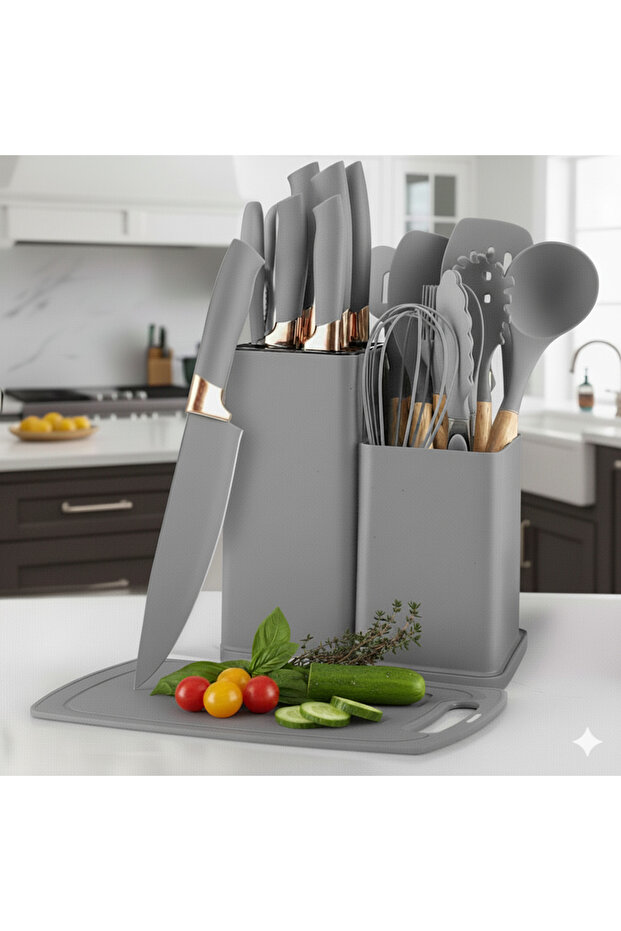 YAH 19-Piecs Premium Silicone Kitchen Utensil Set w/ Wooden Handles, Stainless Steel Knives / Gray