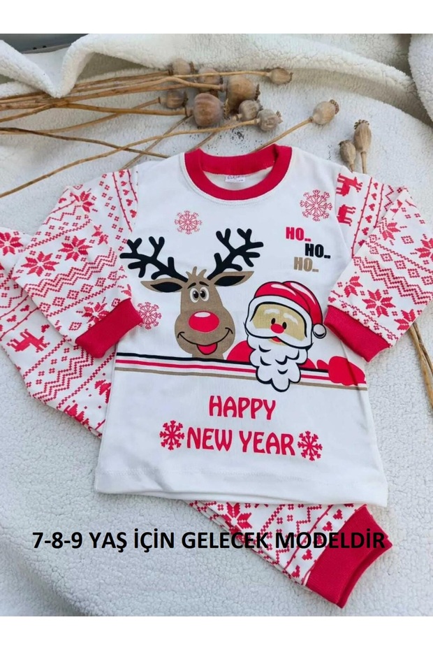 Happy New Year Printed New Year's Ethnic Pattern Children's Pajamas Set with Deer