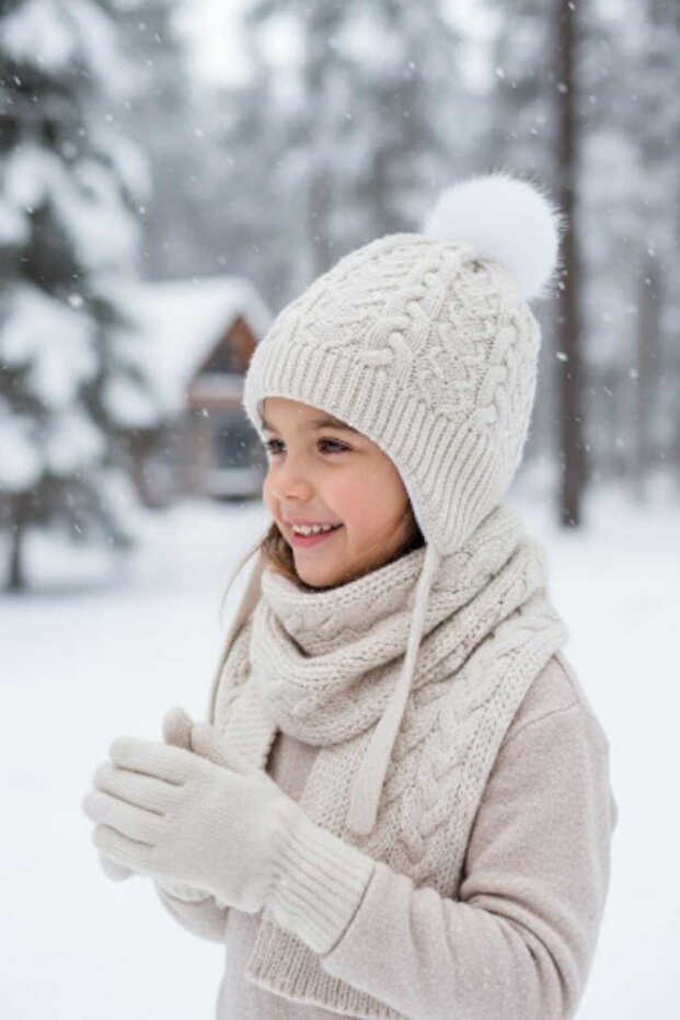 4-8 Years Old Girls' Fleece Scarf, Beanie, Gloves 3-Piece Set