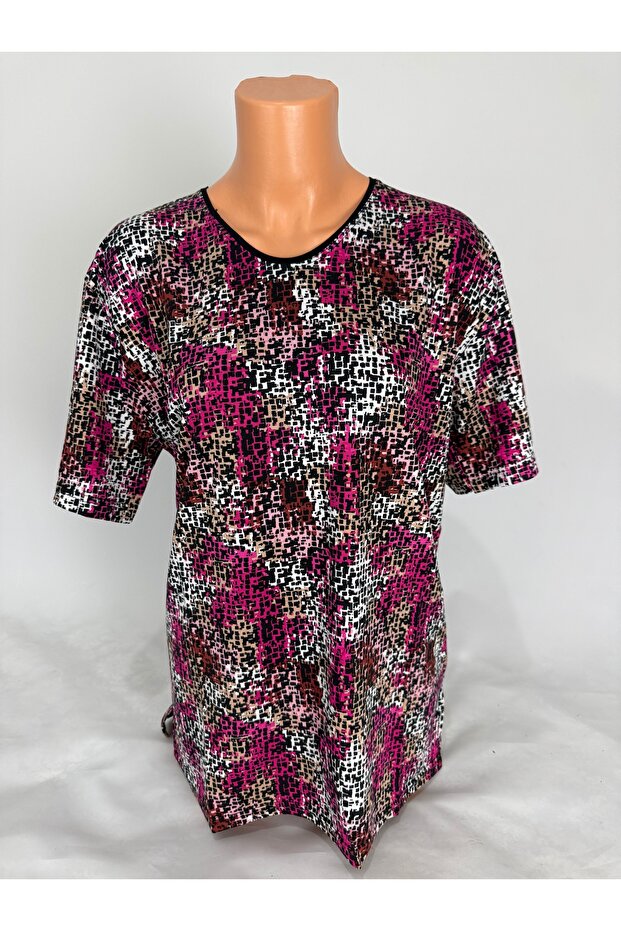 Women's Pink U-Neck Short Sleeve Patterned Slit Woven Viscose Mother Combed Cotton T-Shirt