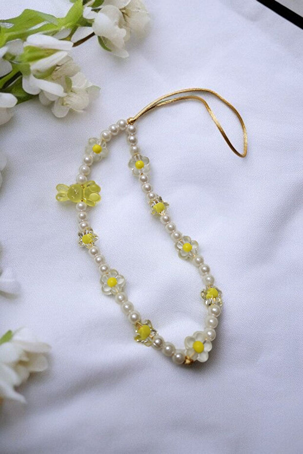 Clear Matte Yellow Rabbit, Pearl, Flower and Star Beaded Phone Charm
