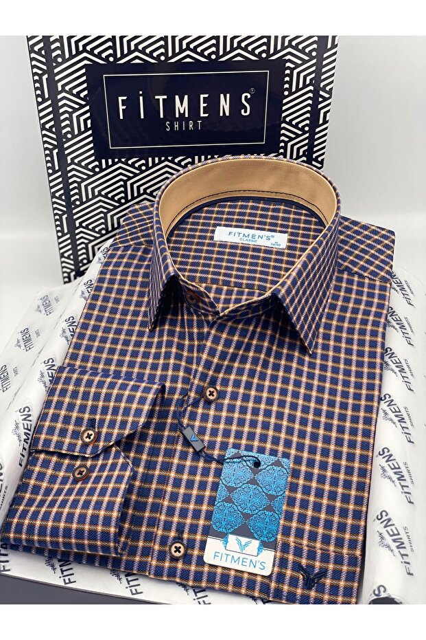 Classic Wide Cut Long Sleeve Elegance Checkered Collar Buttoned Men's Shirt with Gift Box Fs-004341 - Navy