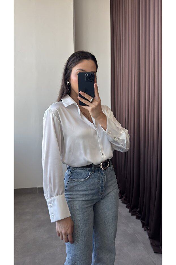 Basic Ekru Kadın Saten Gömlek - 4