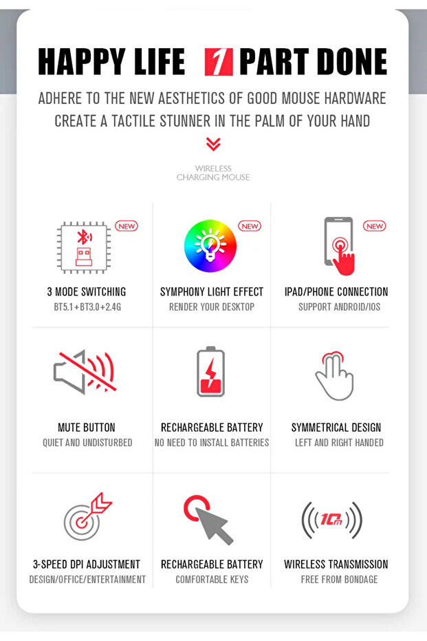 فأرة لاسلكية مزدوجة الوضع للكمبيوتر اللوحي والهاتف والكمبيوتر مزودة بتقنية البلوتوث قابلة لإعادة الشحن مع إضاءة خلفية RGB - 4