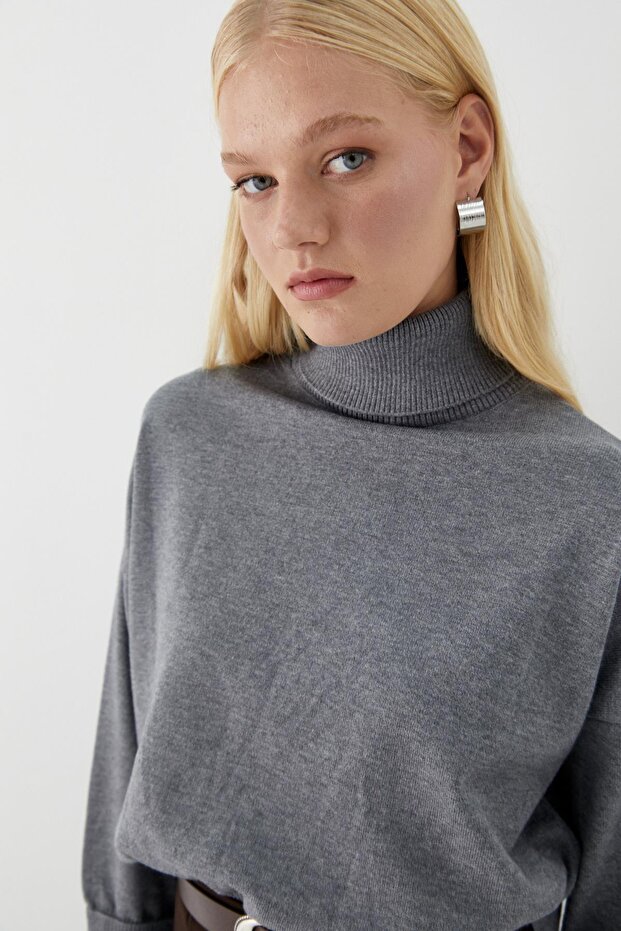 Basic Boğazlı Triko Kazak Gri - 5