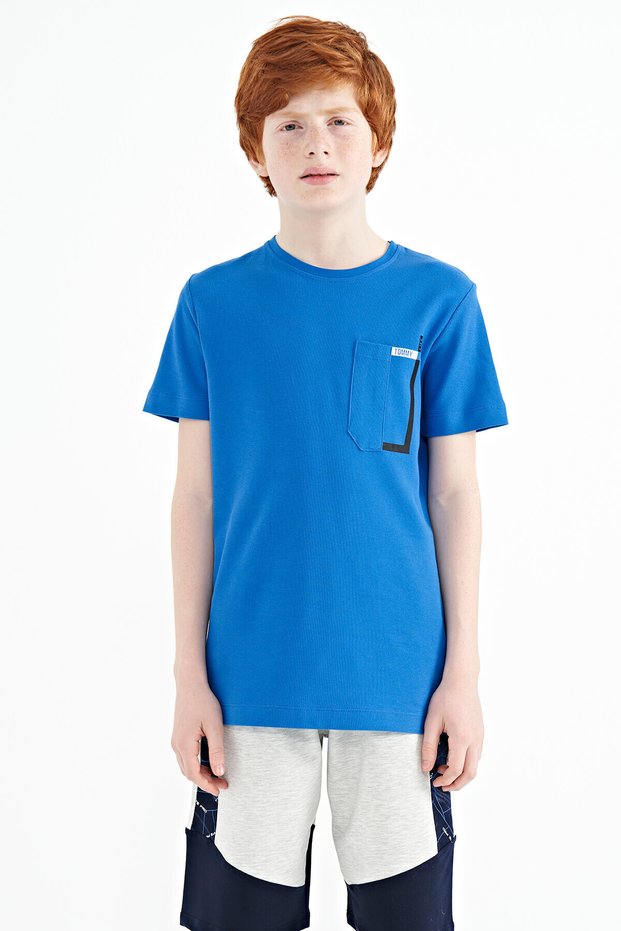 Cobalt Blue Pocket Detailed O Neck Standard Fit Boy's T-Shirt - 11120