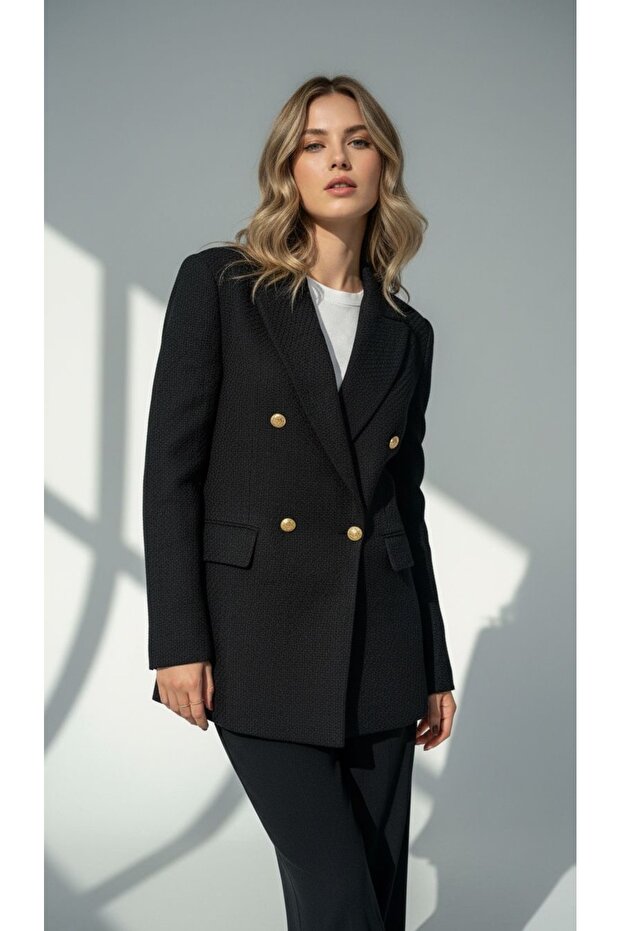 Black Tweed Fabric Gold Buttoned Lined Blazer Jacket