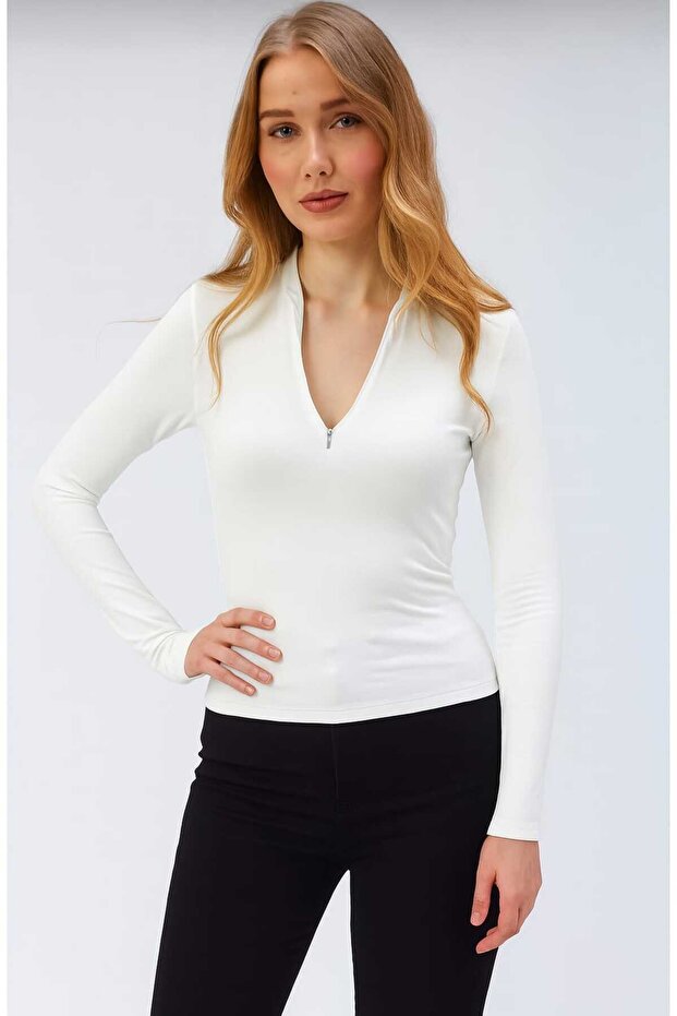 Zippered Long Sleeve T-Shirt Blouse Fingerless White
