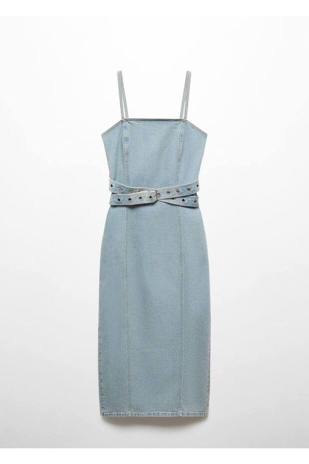 Kemerli denim elbise - 3