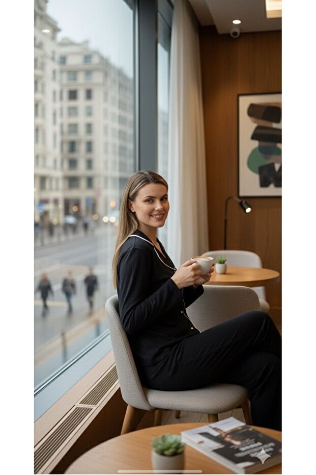 طقم بيجامة سونزر أسود بأزرار أمامية - 3