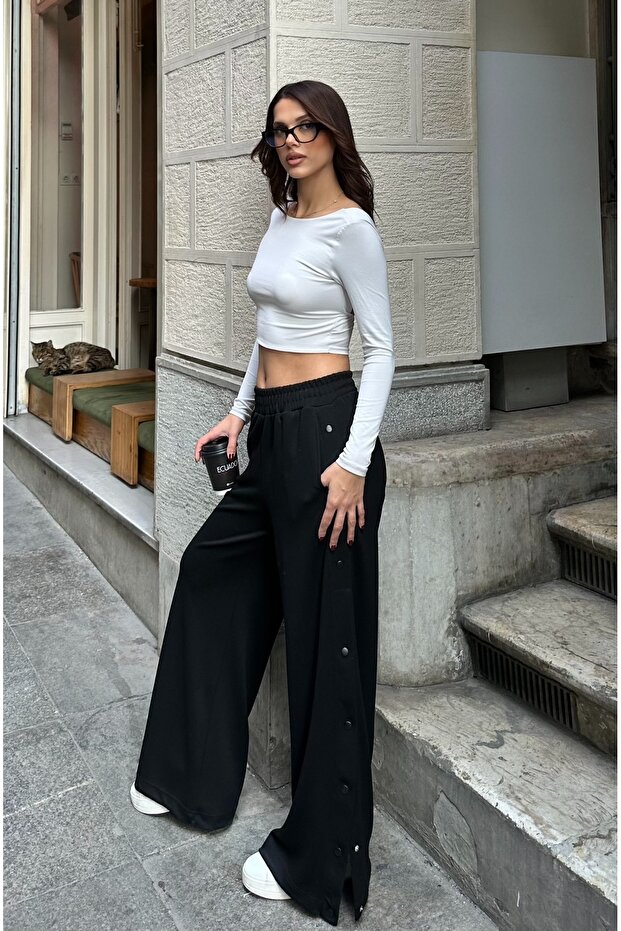 Women's Black Snap Button Soft Modal Textured Pants
