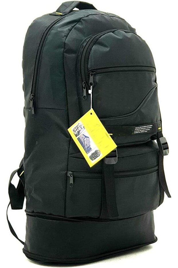 Gusseted Large Volume Multi-Compartment Waterproof Mountaineer Bag Black Camper Travel Backpack 55+10liters