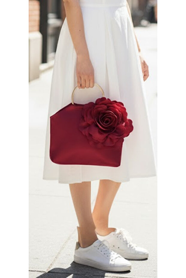 Burgundy Gold Metal Handle 3D Rose Motif Flower Handbag | Wedding/Invitation Packages