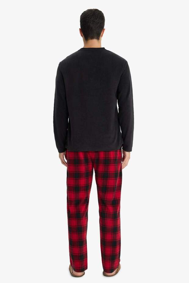 Pijama Takımı Regular Fit Polar Uzun Kollu Üst Ekose Desenli Uzun Alt F4561AX25WN - 5
