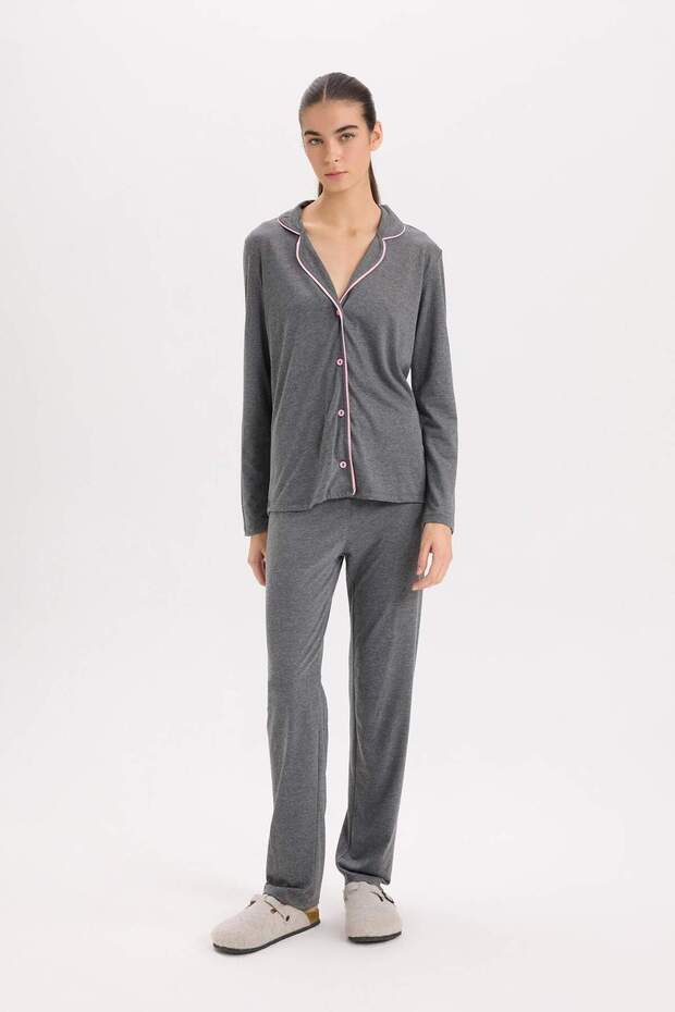 Pijama Takımı Regular Fit Uzun Kollu Üst Uzun Alt-Fall in Love E2246AXNS - 3