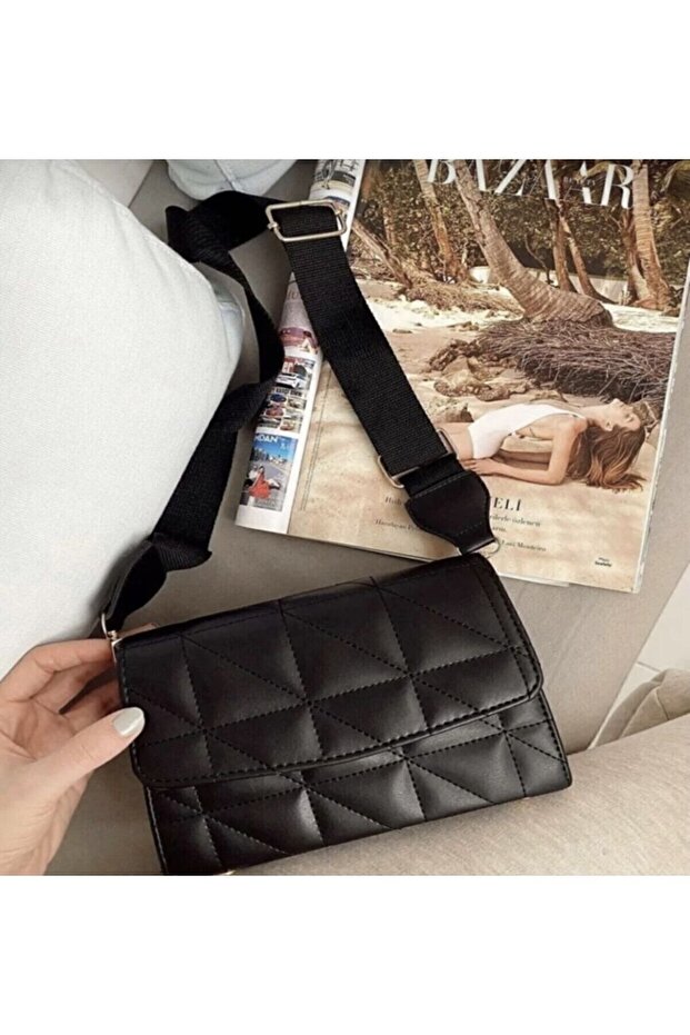 Čierna dámska prešívaná taška cez rameno s nastaviteľným stĺpikovým popruhom - 6