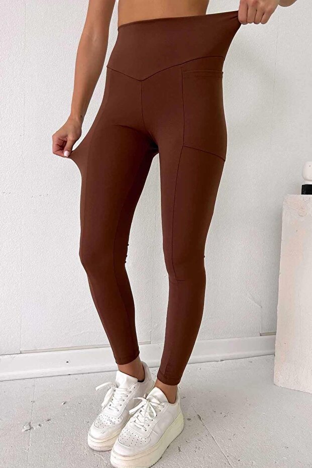 High Waist Lycra Sports Leggings with Side Pockets - Dark Brown