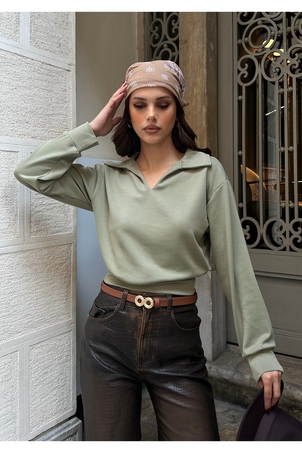 Women's Green Polo Neck Modal Textured Soft Blouse