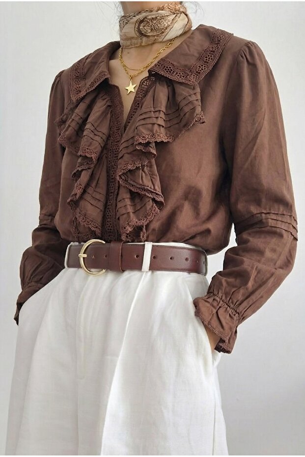 Brown Ruffled Collar Blouse