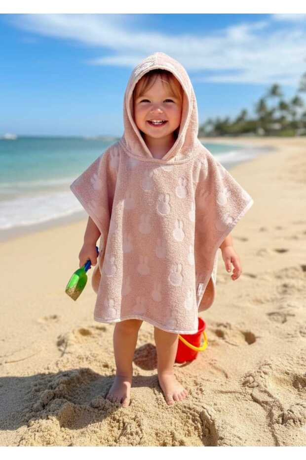 Outlet Export 100% Cotton Girls' and Boys' Sea, Beach, Pool, Bath Towel Poncho Patterned / Pink