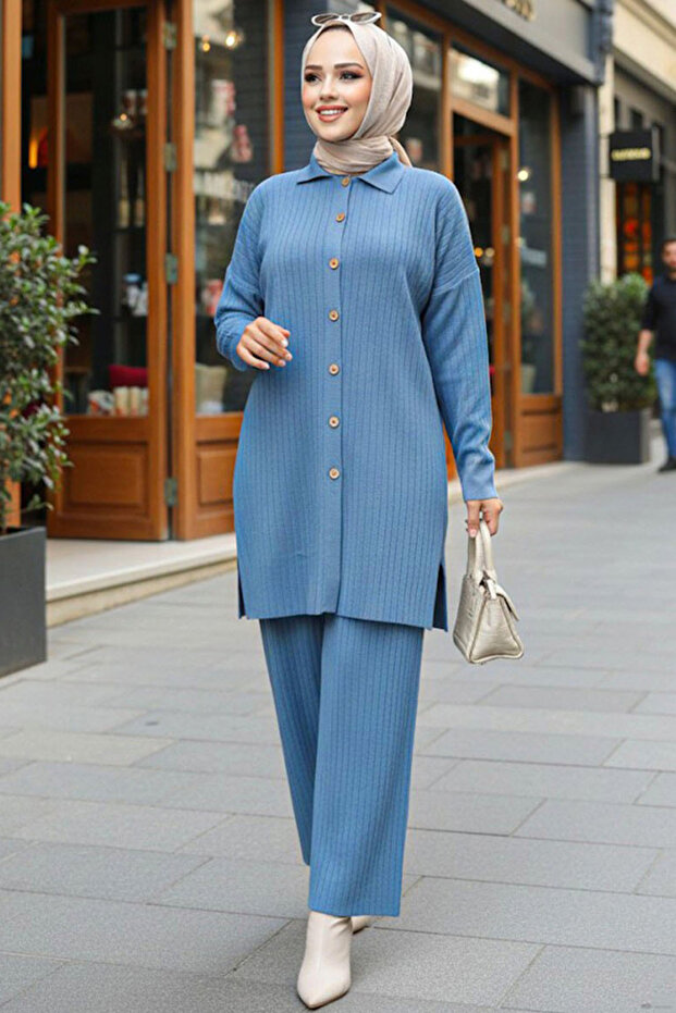 Buttoned Indigo Blue Hijab Knitwear Double Suit 33860Im