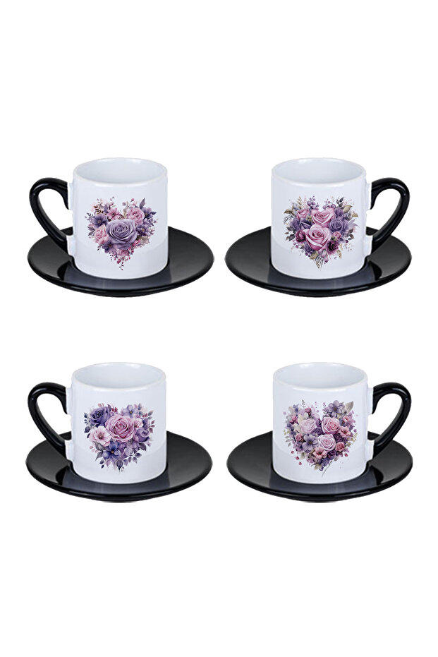 Purple Roses Printed Black Set of 4 Porcelain Turkish Coffee Cups