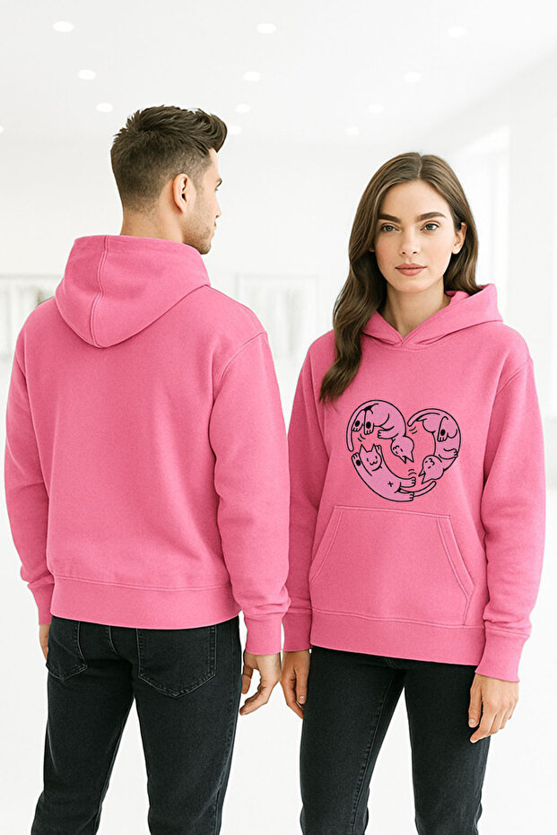 Unisex Long Sleeve Heart Cats Transfer Printed Hooded Sweatshirt