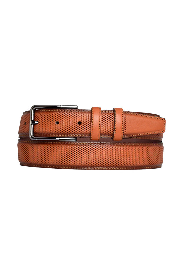 100% Genuine Leather Light Tan Stitched Classic, Fabric Trouser Belt 3.5 Cm_Stitched.Dotted