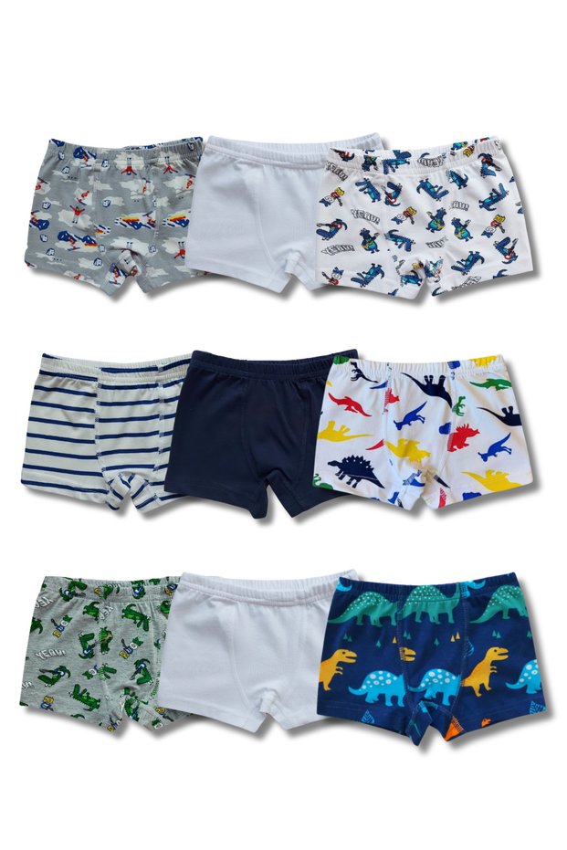 9 Pieces 95% Cotton Mixed Color Patterned Boys' Boxer Briefs Underwear Set
