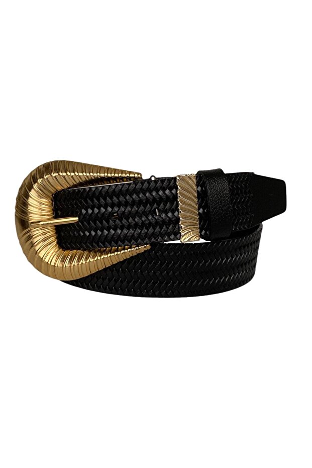 100% Genuine Leather, Large Gold Buckle, Black Women's Jeans Belt with Metal Bridge 4 Cm=an-byn-65