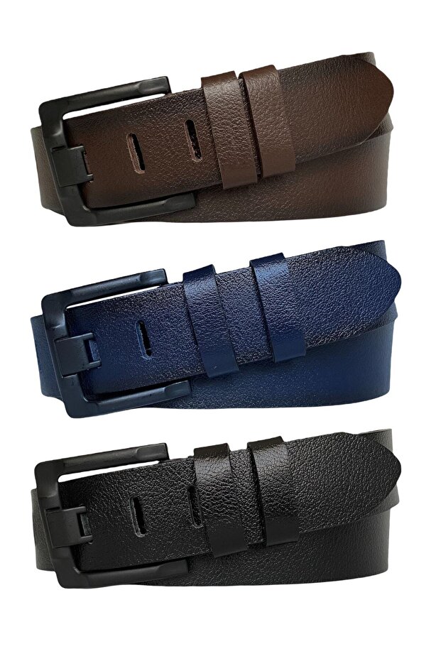 100% Genuine Leather 3-Piece Wide Tongue Set Black, Navy Blue, Brown 4.5 cm Jeans, Sports Belt, Old Black Buckle