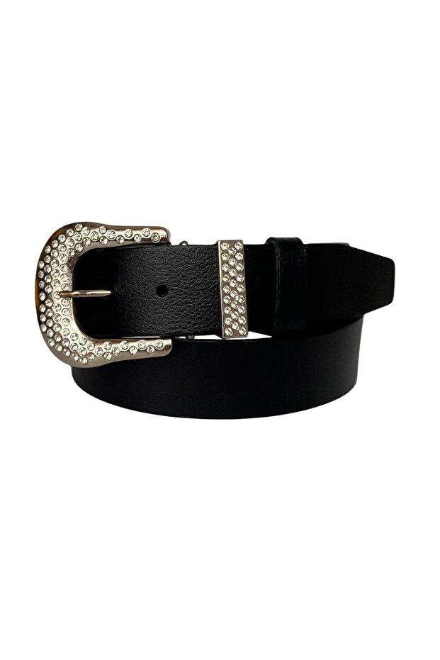 100% Genuine Leather, Silver Jewelled Buckle, Metal Jewelled Bridge Black Women's Jeans Belt 4 Cm=an-byn-66
