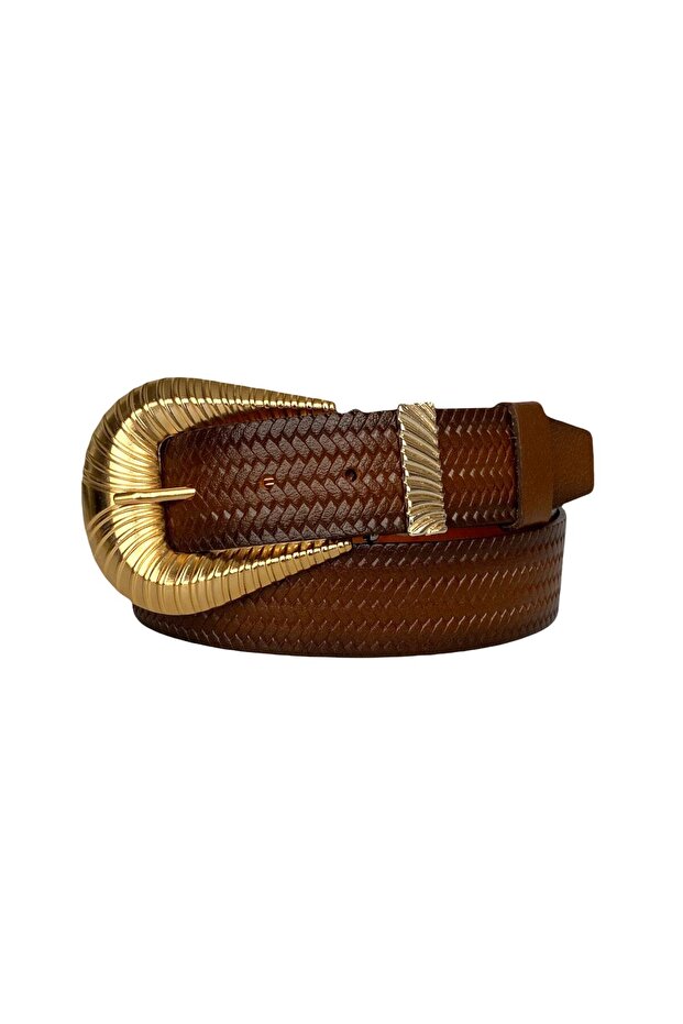 100% Genuine Leather, Brown Women's Jeans Belt with Large Gold Buckle and Metal Bridge 4 Cm=an-byn-65