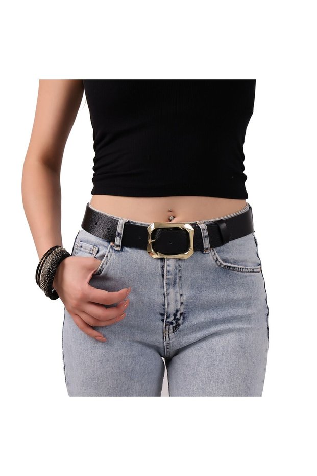 Women's Fashion Gold Color Buckle, One Piece Soft Genuine Leather Black Belt, 3.8 Cm, Export Product=amz-08