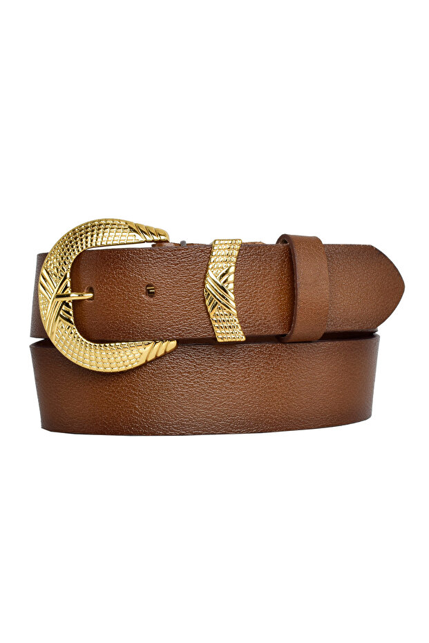 100% Genuine Leather, Gold Set Buckle 4 Cm Brown Women's Belt; Jeans, Sports Belt=an63.gold.set