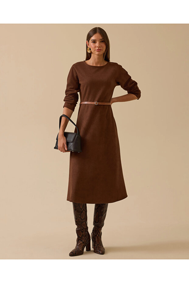 Kemerli Süet Elbise - 1