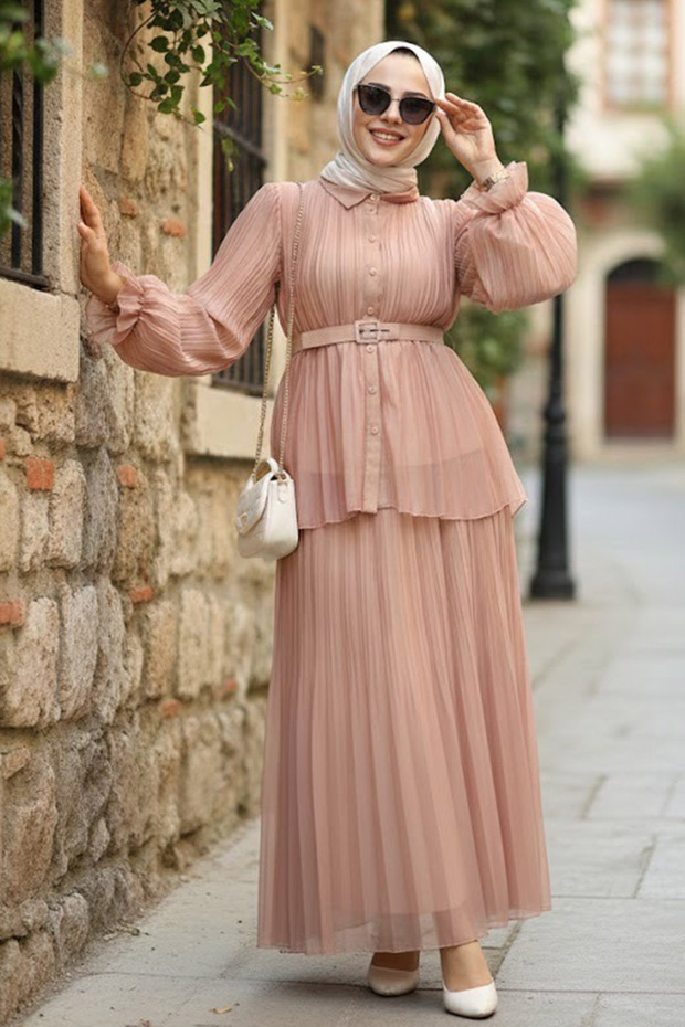 Pleated Salmon Modest Skirt Two-Piece Set 4478SMN