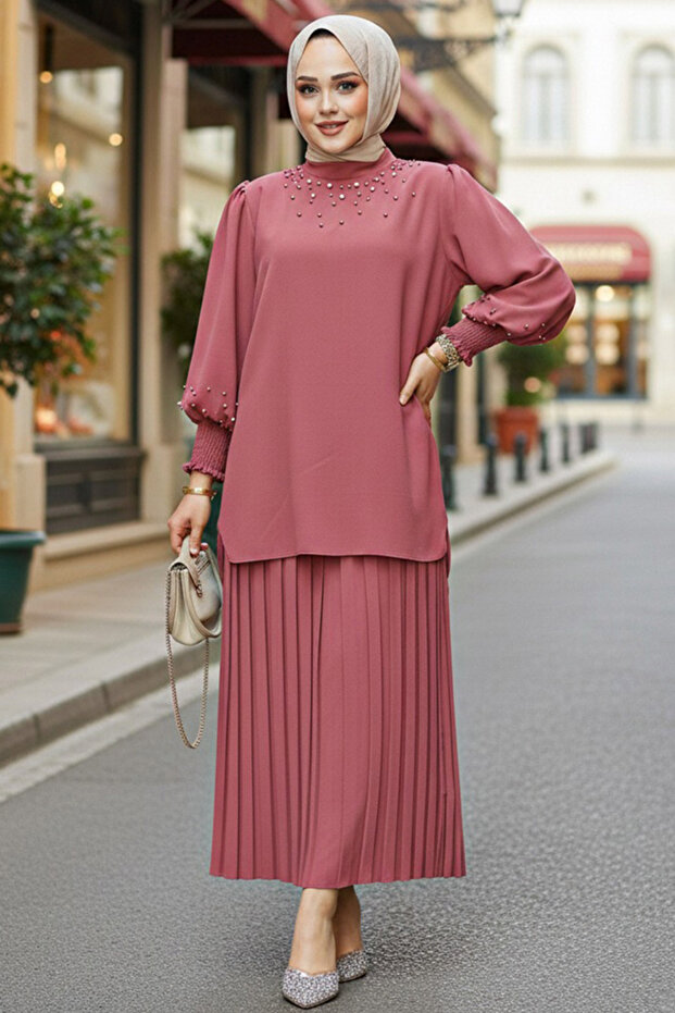 Pearl Embroidered Dusty Rose Hijab Skirt Suit Double 10991Gk