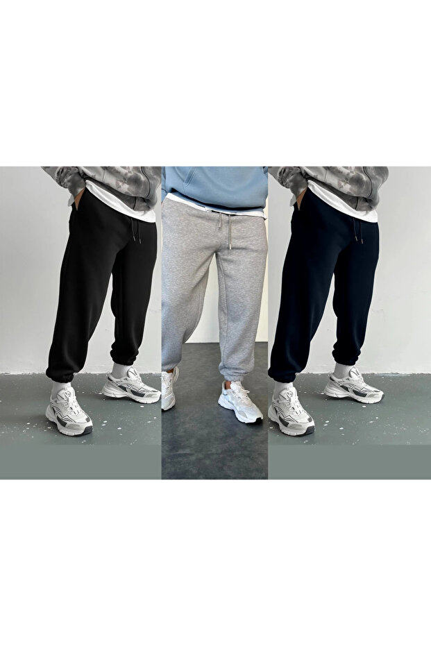 Unisex Set of 3 Knitted Fabric Comfortable Fit Tracksuit Bottom Black Gray Navy Blue