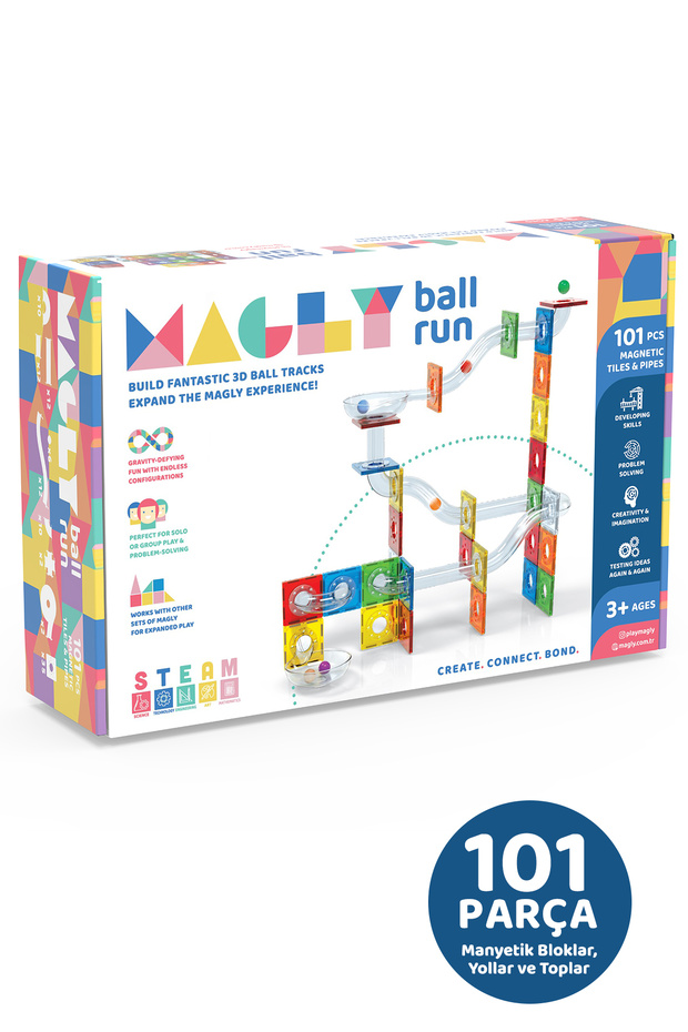 Magly Ball Run Parkur Oyunu – Çocuklar İçin Renkli 3 Boyutlu 101 Parça Yapı Seti - Manyetikler ve Yollar