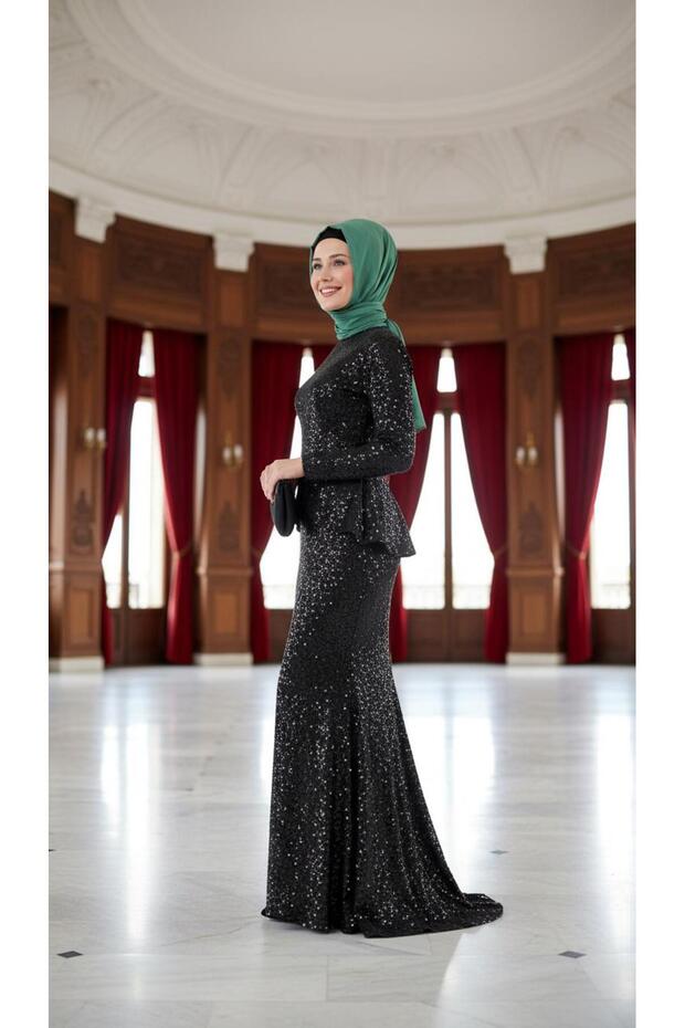 Kadın Tesettür Peplumlu Pullu Payet Abiye Elbise - 3