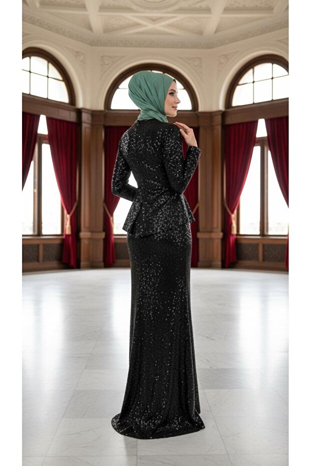 Kadın Tesettür Peplumlu Pullu Payet Abiye Elbise - 6