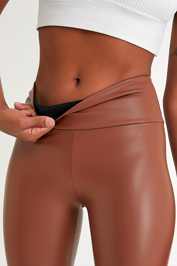 Women's Tan Color Raised High Waist Leather Leggings
