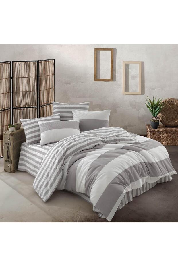 Grid Striped Ranforce Cotton Double Duvet Cover Set