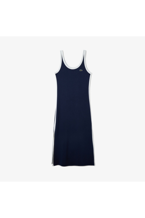 Kadın Slim Fit Kolsuz Bisiklet Yaka Renk Bloklu Lacivert Elbise - 3